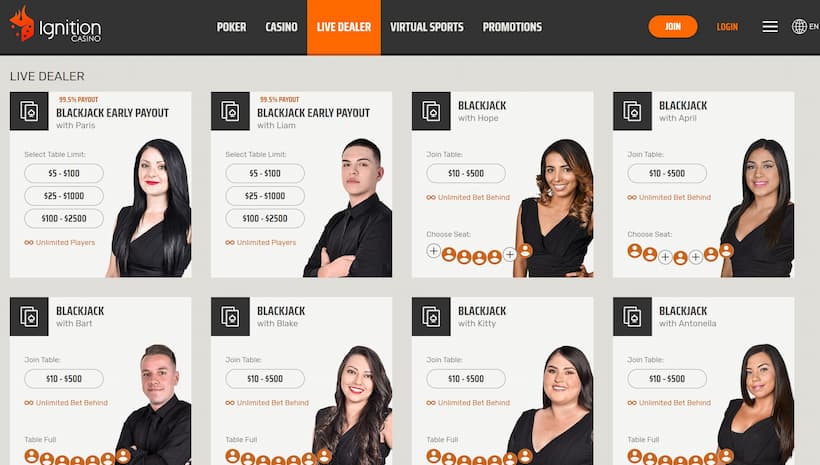 Ignition Casino Live Dealer Games