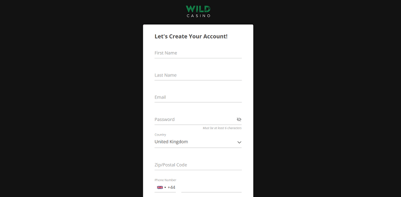 Wild Casino Registration Form
