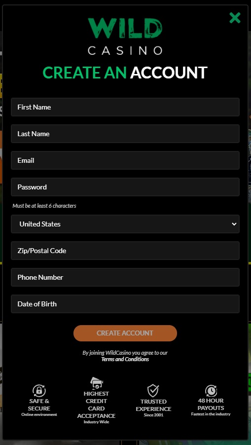 create wild new casino account