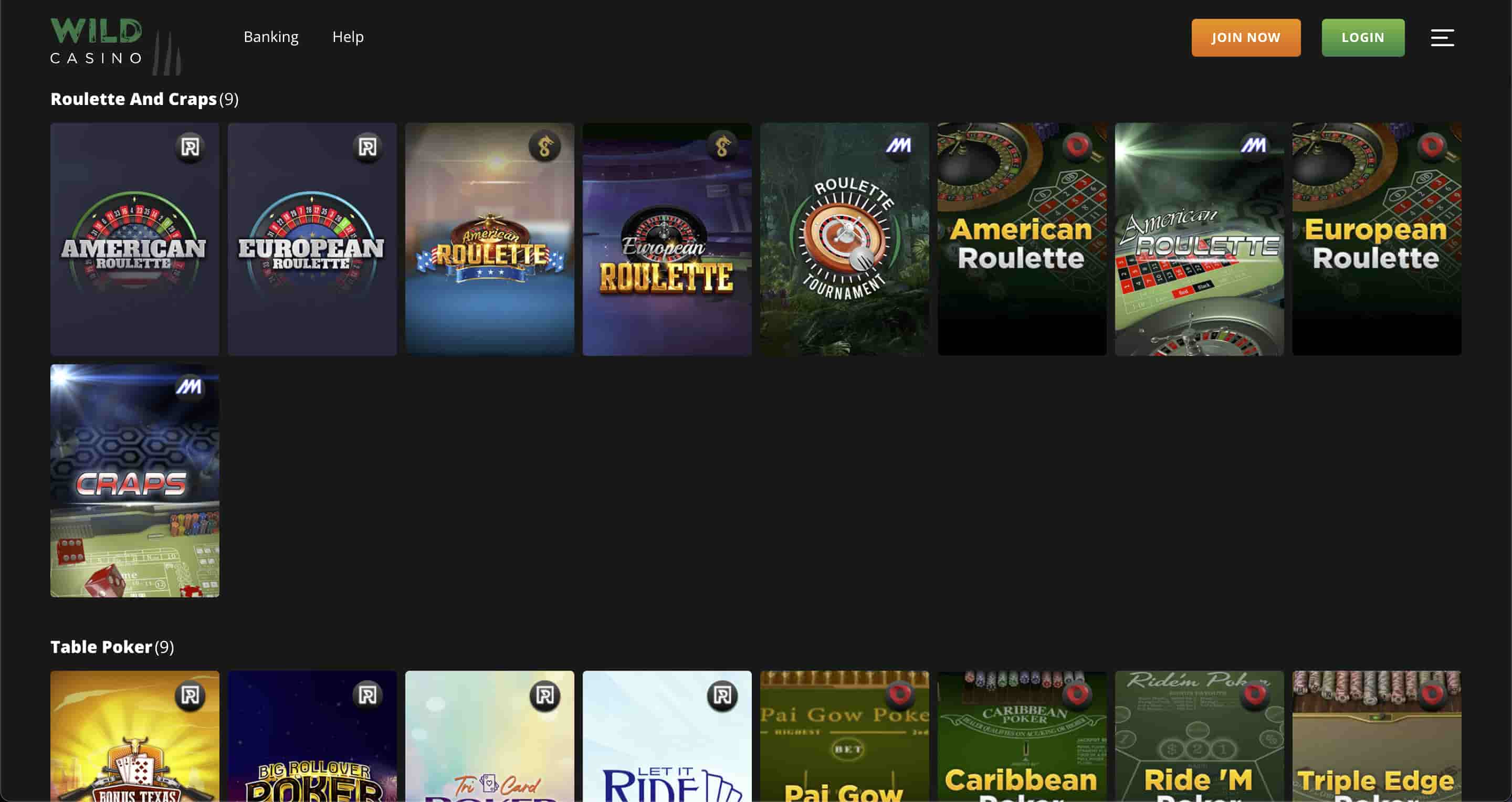 Wild Casino online roulette games section