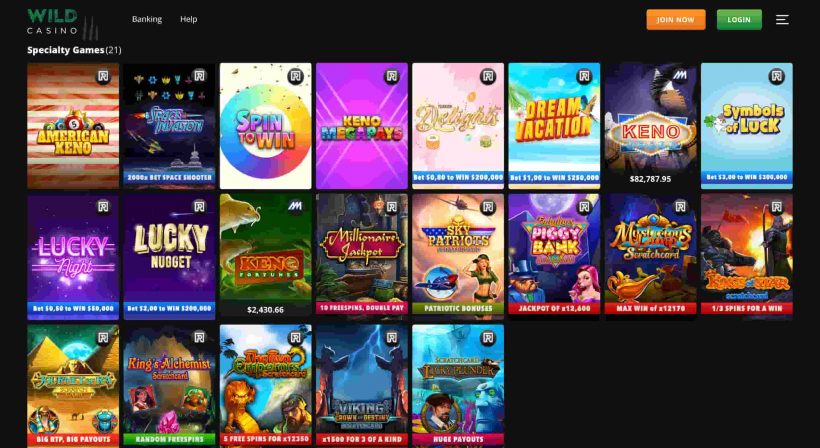 Wild Casino promo codes Specialty Games