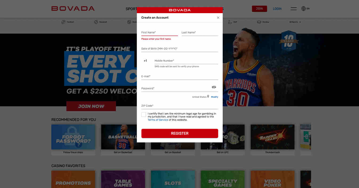 Casino Registration Step 1