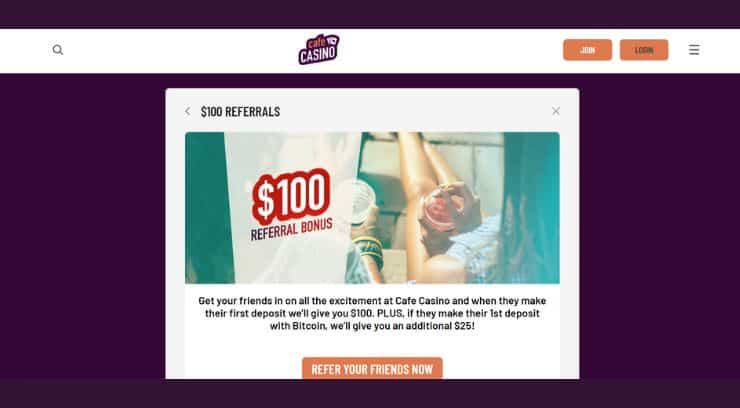 Cafe Casino friend referral bonus