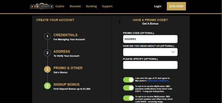 MyB Casino promo input screen