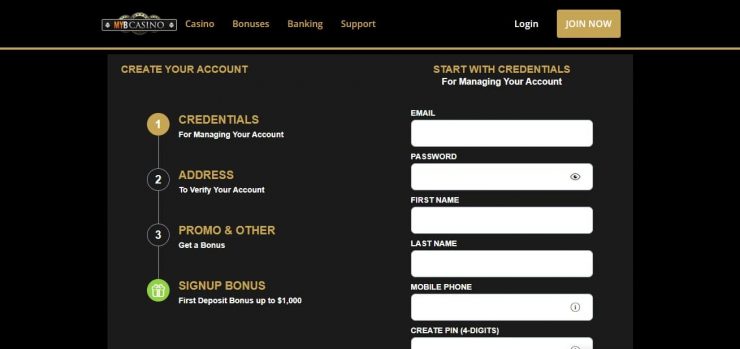 Sign up screen at MyB Casino
