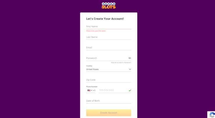 Super Slots sign up form