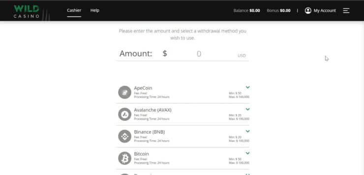 Wild Casino withdrawal screen