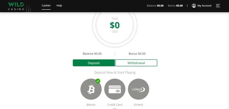 Wild Casino cashier screen