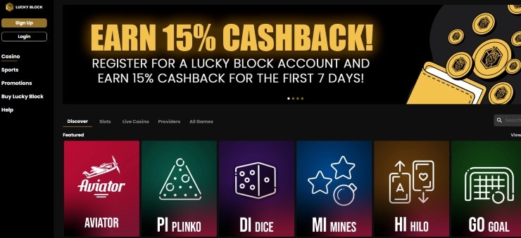 Lucky Block Casino Homepage