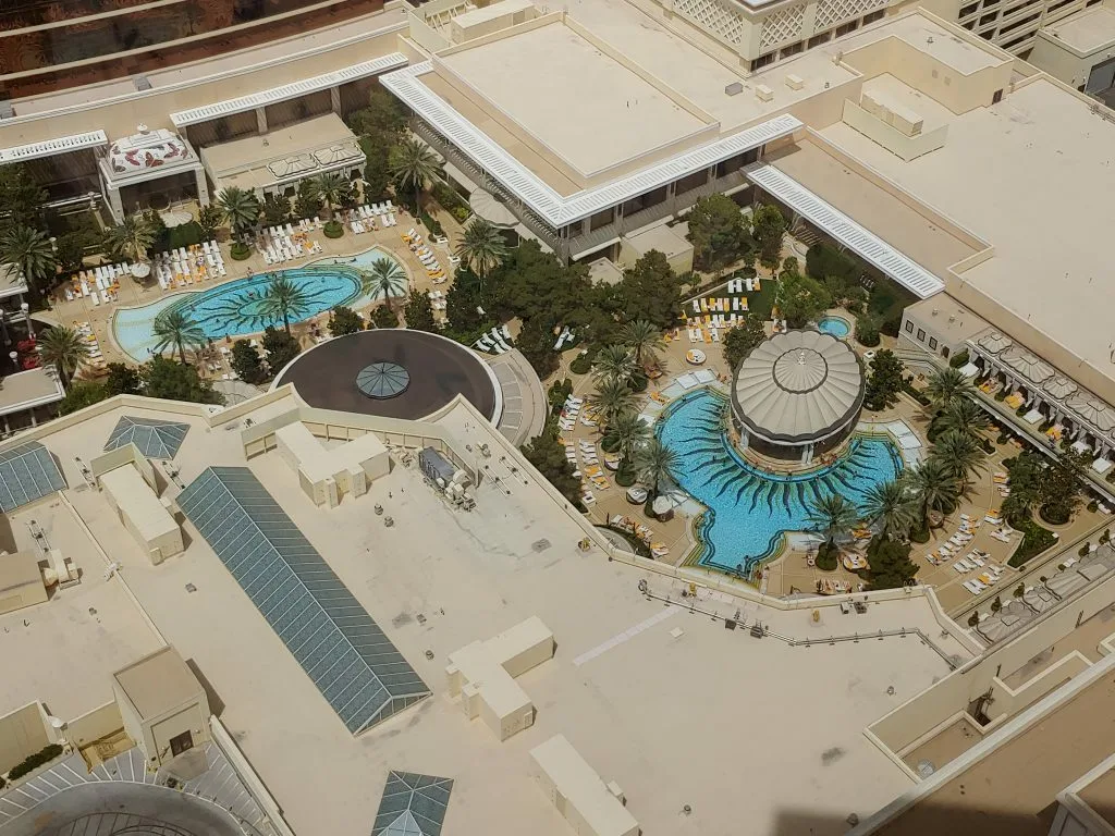 Aerial view of resort pools from Wynn hotel tower.