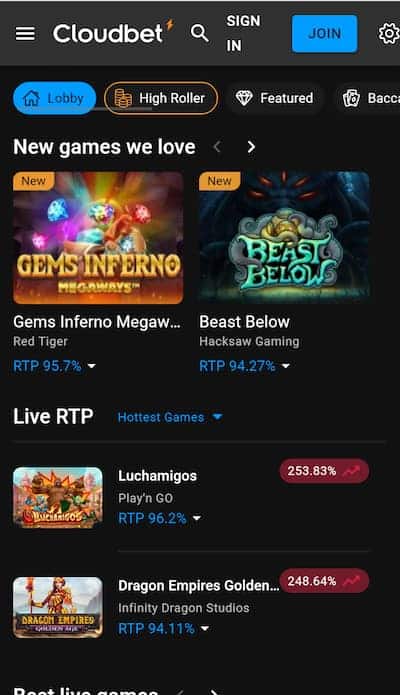 Cloudbet casino app homepage
