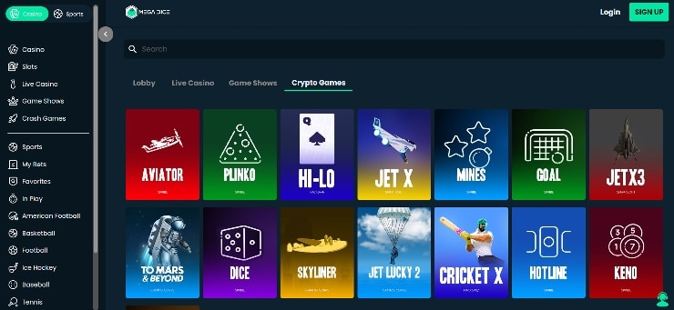 Other casino games at Mega Dice