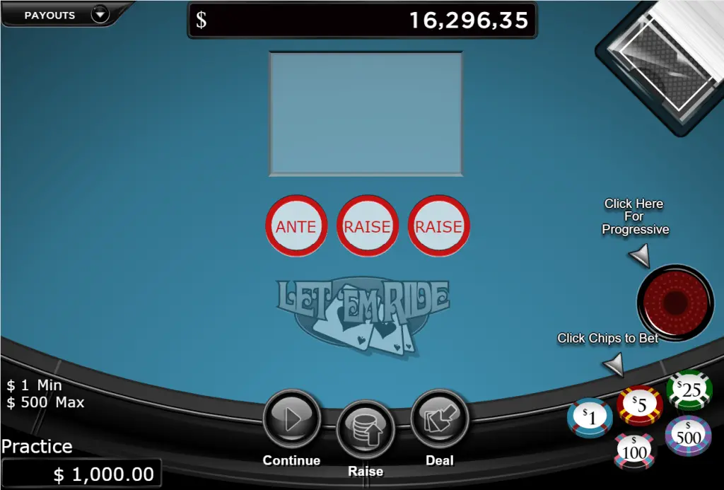 Let 'Em Ride (Let It Ride) table felt at Bovada online casino