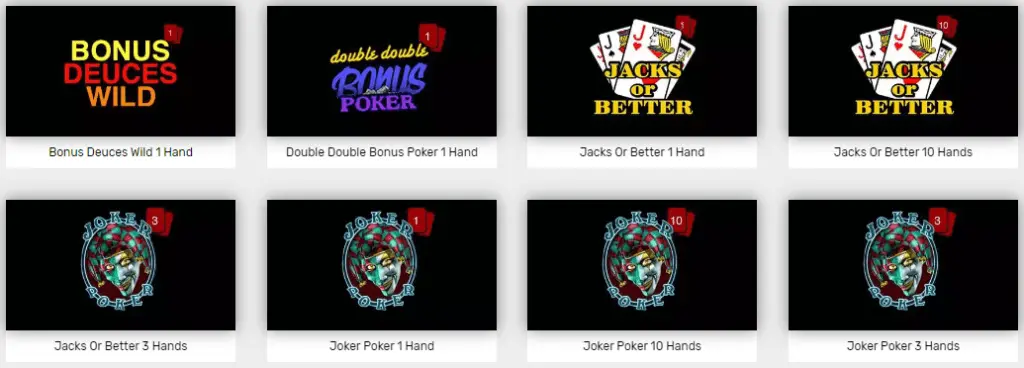 Video poker games at an online casino