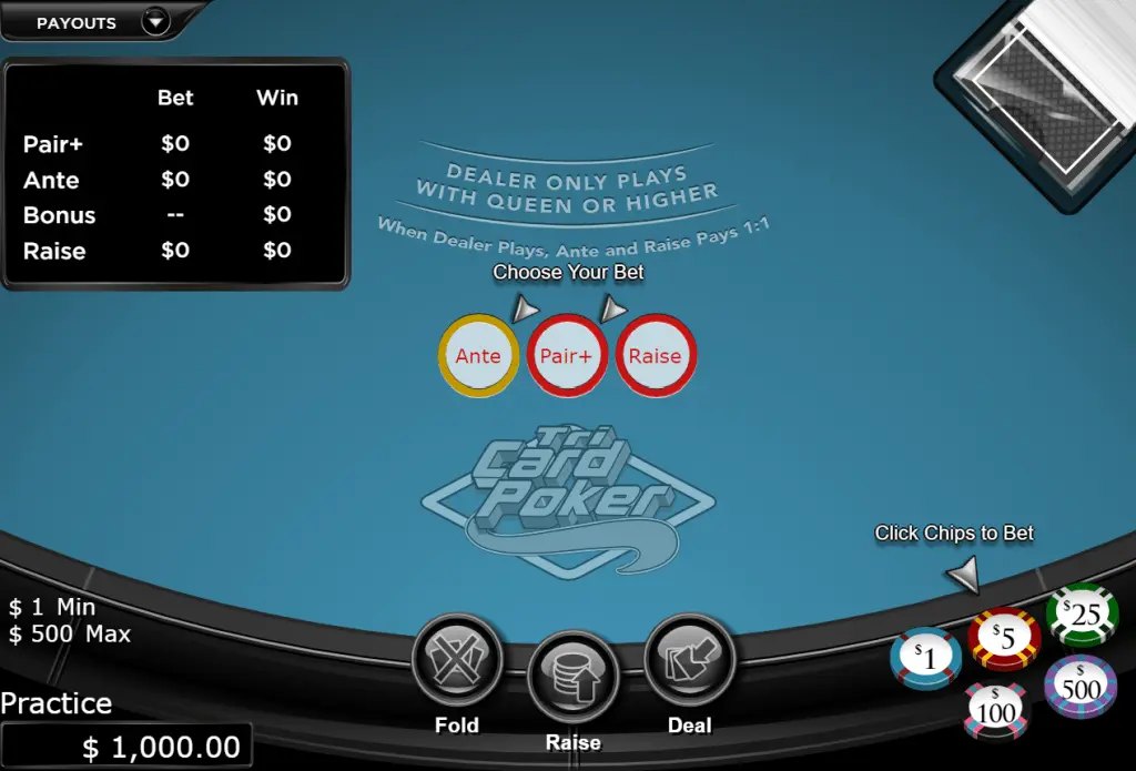 Tri Card Poker (Three Card Poker) felt at Bovada online casino