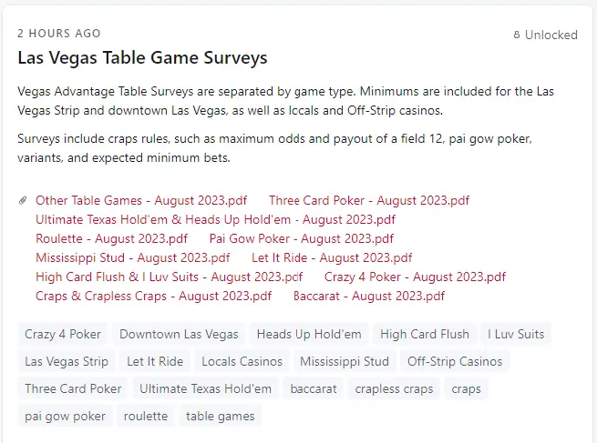 LV Table Game Survey Post on Patreon