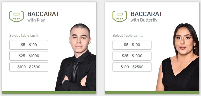 Live dealer baccarat games at Bovada online casino