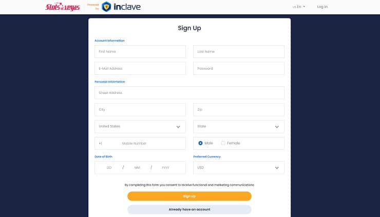 Slots of Vegas sign up form