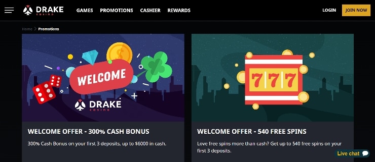 Welcome Bonus at Drake Casino